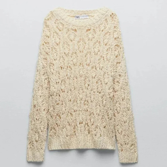 Zara Cotton  Pointelle Open Knit Sweater Ecru White NWT Size Small - Picture 2 of 9